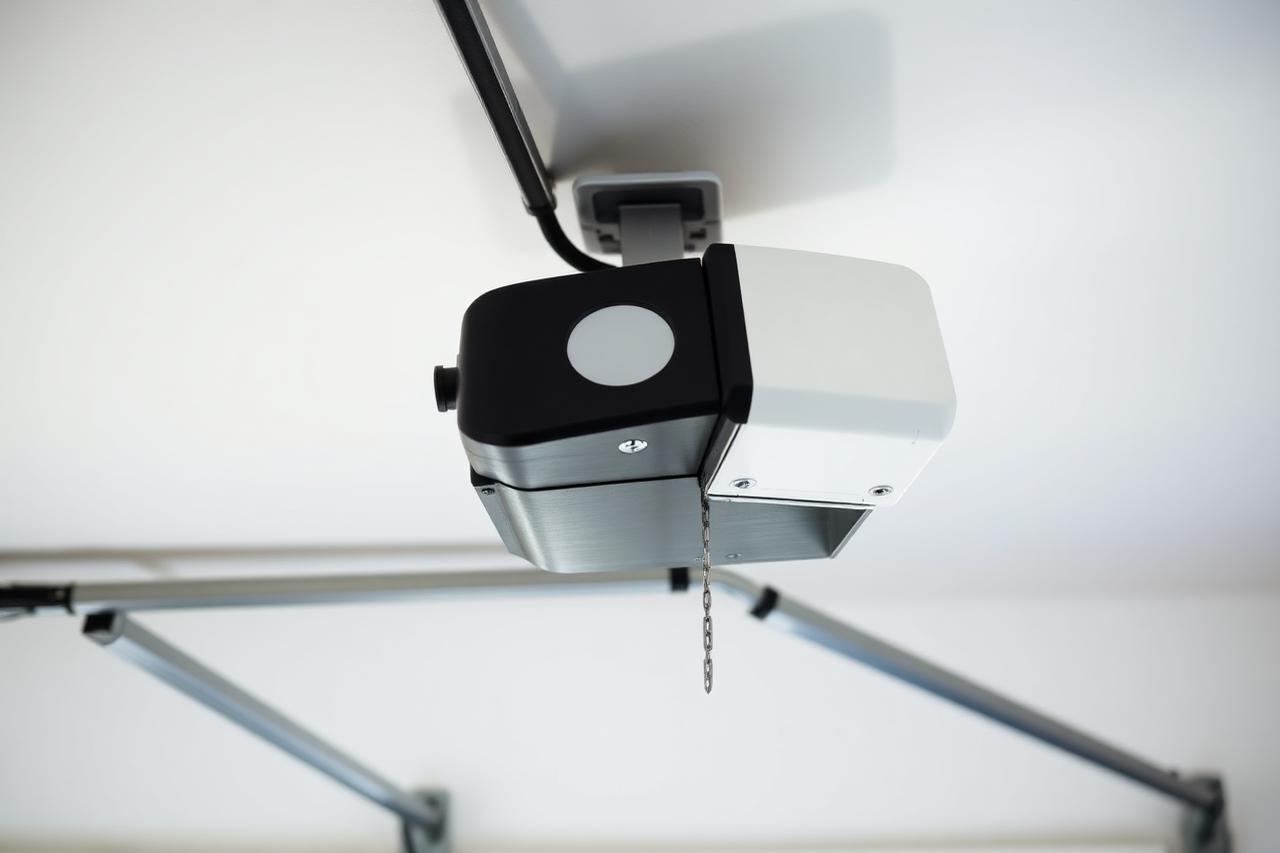 Garage door opener motor and rail assembly in a residential garage in Creedmoor, NC